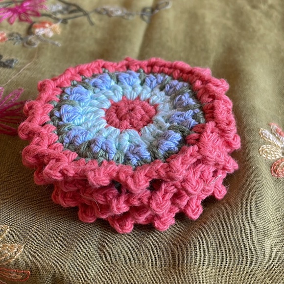Hand crocheted Mandala coasters in apricot, blue, green, mint - Picture 5 of 5